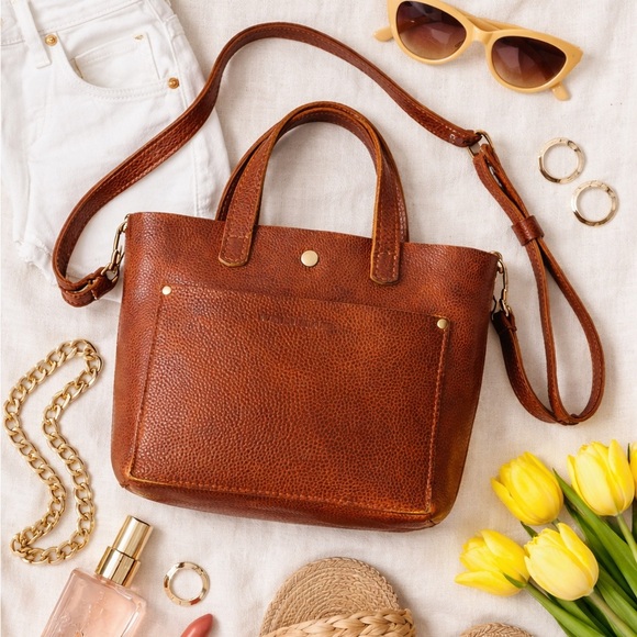 Portland Leather Handbags - Portland Leather Goods Mini Crossbody Tote | Cognac Brown Leather